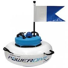 Powerdive Powersnorkel floating electric hookah compressor with dive flag picture.